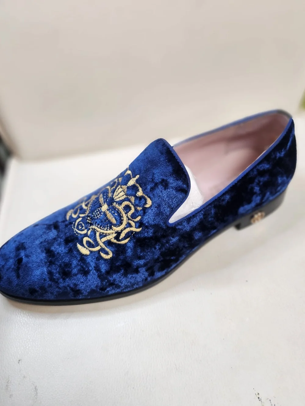 Gucci Men's Royal Blue Velvet Slip-On Loafer with Gold Crest Embroidery
